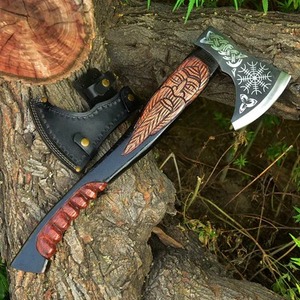 Hacha Vikinga Industrial Hecha a Mano DIY con Cabeza de Acero al Carbono Grabada, Mango de Madera de Palisandro, Espiga Completa, Hacha de Supervivencia de 20 Pulgadas con Funda de Cuero - Product Image 1