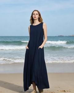 Premium Blue O-Neck Plain Cotton Linen Maxi <b>Dress</b> With Sleeveless <b>Loose</b> Fit Button Front Casual Daily Wear - Product Image 1