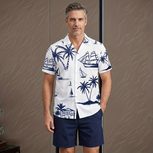 Conjunto de Camisa y Pantalones Cortos de Verano para Hombre, Estampado de Palmeras y Veleros en Azul, Tejido Transpirable de Secado Rápido, 140g - Product Image 6