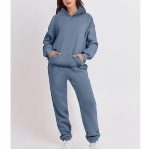 Conjunto Deportivo de Sudadera con Capucha Azul para Mujer, 100% Algodón, Corte Holgado Informal, Largo, Colores Lisos, Bolsillos Laterales - Product Image 3