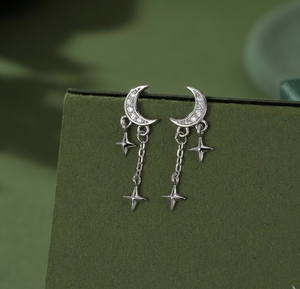 Hot Selling 925 Sterling <b>Silver</b> Moon and Dangling Star <b>Studs</b> Earrings With CZ Setting Delicate Starburst Ear <b>Stud</b> Women Jewelry - Product Image 1