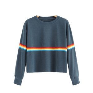 Sudadera corta de algodón 100% de alta calidad para mujer, Sudadera corta de manga larga con rayas en contraste - Product Image 1
