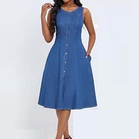 Conjunto de Dos Piezas: Vestido Camisero sin Mangas con Botones y Chaqueta de Mezclilla Lavada Estilo Vintage Elegante, con Recortes, para Fiesta, Uso Diario, Verano y Eventos Formales