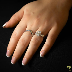 <b>Emerald</b> Cut Moissanite Three Stone Engagement <b>Ring</b> 925 Sterling <b>Silver</b> Vintage Style Prong Setting Tapered Baguette Side Stones - Product Image 6