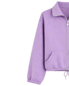 Sudadera corta de forro polar naranja quemado con cremallera completa para mujer, cuello polo, bolsillos delanteros, dobladillo con cordón ajustable, estilo casual y cálido para streetwear. - Product Image 2