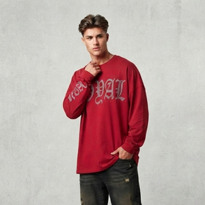 Camiseta de hombre de alta calidad con pedrería, manga larga, algodón grueso, estilo urbano, corte holgado, cuello redondo, oversize - Product Image 3