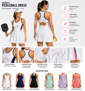Robe de pickleball pour femmes, col athlétique, dos nageur, évacuation de l'humidité, séchage rapide, UPF 50+, short intégré, sans manches, sport d'été - Product Image 1