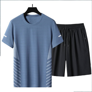 Ensemble de t-shirts sportifs d'été pour hommes, noir, à séchage rapide, col rond, manches courtes, avec short en mesh, 2 pièces, vêtements de sport - Product Image 4