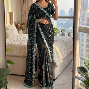 Elegante y Moderno Sari Indio de Seda para Bodas y Festivales, con Cuentas y Lentejuelas Bordadas, para Fiestas Étnicas - Product Image 1