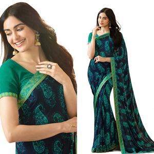 Sari de mariage en georgette imprimé traditionnel de style Bollywood, non cousu, pour tenue décontractée, de fête ou de festival, avec chemisier en dentelle en tissu épais, style indien - Product Image 1