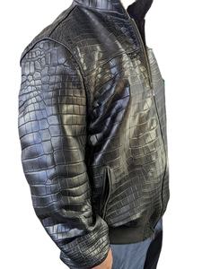 Veste en cuir de crocodile véritable noir, bleu marine foncé, veste en cuir de crocodile pour homme, fermeture éclair, style biker bomber, col bandoulière. - Product Image 4