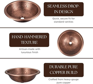 Handmade Hammered Copper Undermount Bathroom Sink Premium <b>Round</b> Wash <b>Basin</b> for Luxury Vanity Installation - Product Image 5
