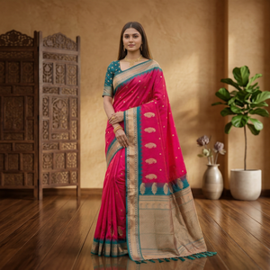 Sari de seda Banarasi de diseño moderno para todas las ocasiones, ropa de boda india disponible al mejor precio - Product Image 1