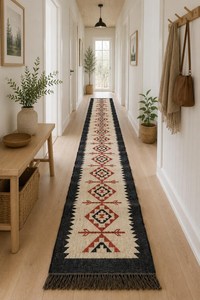 Tapis de couloir géométrique tribal sur mesure en laine et jute, style kilim bohème, pour entrée et couloir - Product Image 3
