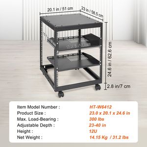 Armadio Rack Server Open Frame 12U da 23-40 Pollici con Profondità Regolabile, Montaggio a Parete o Autoportante, con 4 Poste per Cablaggio AV e Rete - Product Image 6