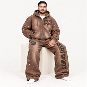 Custom Unisex <b>Vintage</b> Washed Zippered Hoodie and Wide Leg Sweatpants Set <b>French</b> Terry Graphic Printing and Custom Labels - Product Image 3