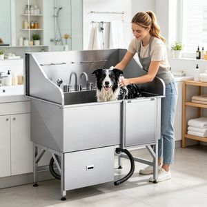 Stazione Professionale per Toelettatura Cani e Gatti, Vasca in Acciaio Inox con Base in Legno e PP per Uso Interno, Adatta per Cani, Gatti e Rettili - Product Image 4
