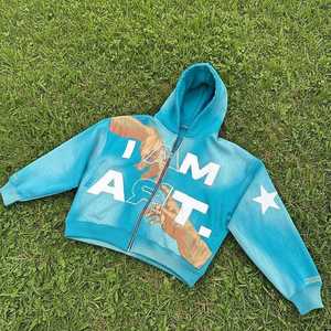 Sudadera con capucha azul con cremallera, forro polar grueso, estampado gráfico por transferencia térmica, corte regular, estilo urbano - Product Image 2