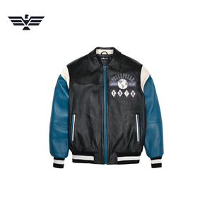   Veste universitaire pour homme en cuir véritable noir, bleu et blanc avec patch brodé, col montant, fermeture éclair, style preppy - Product Image 1