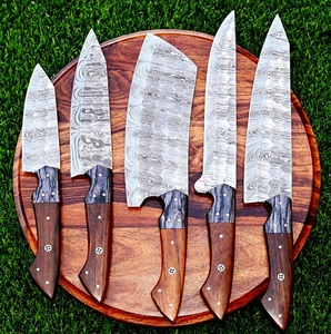 Ensemble de 5 couteaux de cuisine en acier Damas à lame droite faits à la main, manche en bois, étui en cuir, couteaux de survie, utilitaires, de chasse - Product Image 6