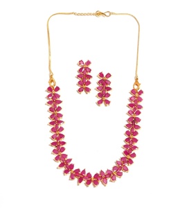 22K Gold Plated Brass Vintage Bridal Statement Ethnic Indian Wedding Jewelry <b>Ruby</b> Pink <b>Necklace</b> Earrings IGI Certified Gift for - Product Image 1