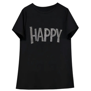 เสื้อยืดแขนสั้นสีดำสำหรับผู้หญิง พิมพ์ลายตัวอักษร Happy ประดับด้วยเพชรเทียม ทรงหลวมสบาย คอกลม ผ้าเจอร์ซีย์คอตตอน - Product Image 1
