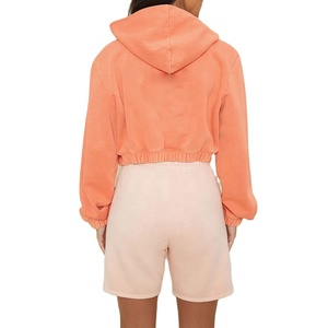 Sweat à capuche avec logo personnalisé pour femmes Streetwear en éponge à la française Haut court uni avec fermeture éclair complète Sweat à capuche en coton pour femmes - Product Image 4