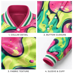 Veste universitaire à imprimé abstrait rose et vert pour femme, manches longues, col rabattu, rembourrage en polyester, style printemps - Product Image 6