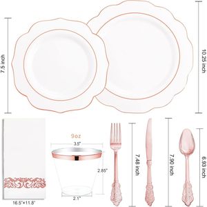 Set di stoviglie usa e getta in plastica color oro rosa da 175 pezzi, include 25 piatti piani, 25 piattini da dessert, 25 forchette, 25 kit per feste - Product Image 3