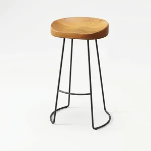 Modern Solid Wood Bar <b>Stool</b> <b>Seat</b> with Black Metal Frame Ergonomic Curved Wooden Top Rustic Industrial Design - Product Image 5