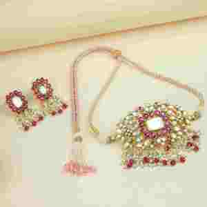 Premium Bridal White <b>Pink</b> Gold Plated Link Chain Handmade Natural Stone Kundan Haar <b>Necklace</b> for Women Ethnic Party Jewelry - Product Image 3