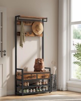 Porte-manteau industriel en bois sur pied avec crochets et rangement pour chaussures, organisateur multifonctionnel rectangulaire pour entrée