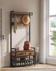 Perchero industrial de madera con ganchos y almacenamiento para zapatos, organizador multifunción de forma rectangular para la entrada. - Product Image 3