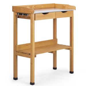 Tavolo da Giardinaggio per Esterni con Piano in Legno, Postazione di Lavoro per Orticoltura, 2 Cassetti, Ripiano Portaoggetti, Piano in Metallo, 3 Ripiani - Product Image 5