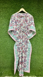 Robe Kaftan en coton pour femmes, imprimé floral, col en V, taille à cordon, manches courtes, coupe ample, tenue de plage, tenue de nuit - Product Image 5