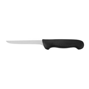 Couteaux à désosser à manche noir avec lame étroite argentée, poignée ergonomique incurvée et protège-doigts pour la découpe de viande et la boucherie - Product Image 1