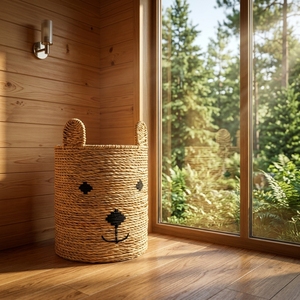 Natural Fiber Storage Basket Bear Woven Bin Handmade Animal <b>Hamper</b> Balinese Artisan Novelty Organizer Kids Supply Home Decor - Product Image 3
