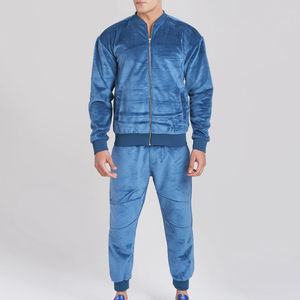 Ensemble de survêtement pour homme en velours bleu premium, veste zippée décontractée et pantalon de jogging, style streetwear chaud pour l'hiver. - Product Image 1