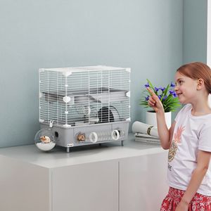 Gabbia grigia a 2 livelli per criceto nano con ruota da bagno in sabbia e provette per bottiglie d'acqua accessori per animali domestici - Product Image 1