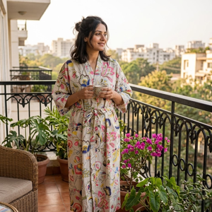 Bata Kimono de Algodón con Estampado Floral Bohemio, Bata de Baño Larga con Estampado a Bloques, Bata Ligera para Descansar, Bata de Algodón con Cintura Ajustable para Resort - Product Image 5