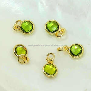 Green Natural Peridot Checker Cut Pendant Gold Plated Handmade Sterling <b>Silver</b> Christian Bohemian Style Gift DIY Bracelet - Product Image 2