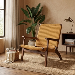 Sillón Reclinable de Madera de Teca Sólida con Tejido de Ratán Sintético, Acabado Natural, Diseño Moderno, No Plegable, para Dormitorio de Hotel - Product Image 5