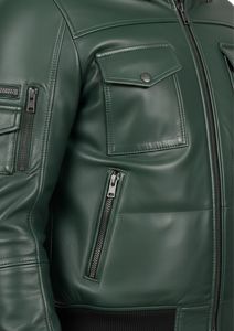 Men's Green Hooded Leather Moto <b>Jacket</b> with Snap Pockets and Zip Closure Regular Fit Winter Style - Product Image 2