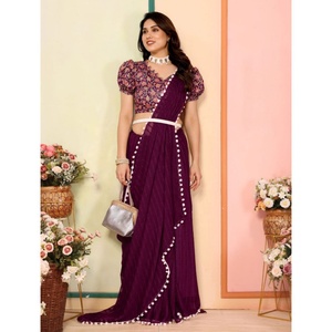 Fatema Fashion's Attractive Georgette Mirror Lace Work Sari avec chemisier non cousu pour les mariages et les fêtes Modèle Fantaisie - Product Image 1