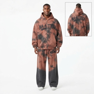 Conjunto de Sudadera con Capucha y Cremallera Marrón/Negro con Lavado Ácido y Pantalones de Pierna Ancha para Hombre, Chándal Bordado Estilo Urbano, OEM Personalizado - Product Image 1