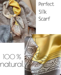 Élégant foulard carré pour femme 100% soie avec motif cachemire gris et jaune, accessoire de mode multifonctionnel toutes saisons - Product Image 5