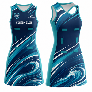 Robe de netball sans manches personnalisée pour femme, impression par sublimation, motif vague bleue, respirante, uniforme adulte sans manches - Product Image 2