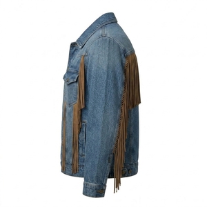Veste en jean bleue personnalisée avec franges en daim, fabricant OEM de vêtements western, fournisseur d'usine de vêtements d'extérieur vierges en gros - Product Image 4