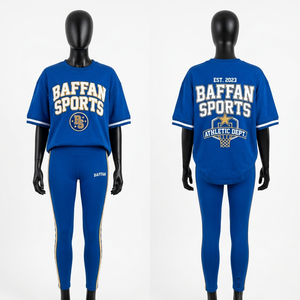 ชุดเสื้อยืดและเลกกิ้งสีน้ำเงินรอยัล ผ้าคอตตอนโพลีเอสเตอร์ 190 GSM เนื้อผ้านุ่มยืดหยุ่น พิมพ์ลายโลโก้ที่ข้างเสื้อ ชุดสำหรับผู้หญิง - Product Image 3