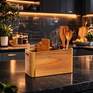 Acacia Wood Utensil Holder, Rustic <b>Kitchen</b> Cutlery Organizer, Wall Mount <b>Caddy</b> - Product Image 2